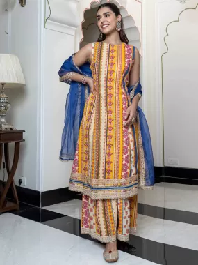 Multicolor Cotton Ethnic Printed Kurta with Palazzo and Dupatta