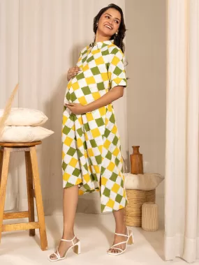 Multicolour Cotton Geometric A-Line Maternity Dress