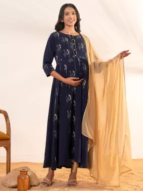 Navy blue Crepe Floral Printed Maternity Kurta and Dupatta