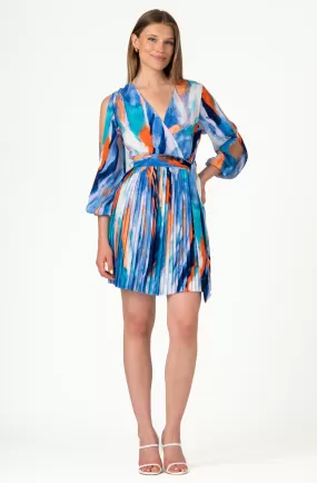 Printed Faux-Wrap Pleated Dress with long cutout sleeves