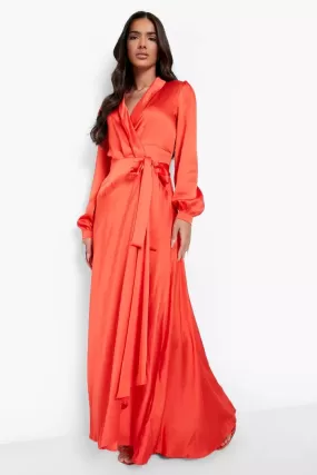 Satin Wrap Belted Maxi Dress