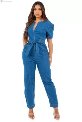 Short Sleeve Denim Jumpsuit Belted