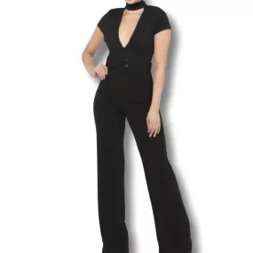 WOMEN DEEP OPEN CHOKER NECK JUMPSUIT BLACK